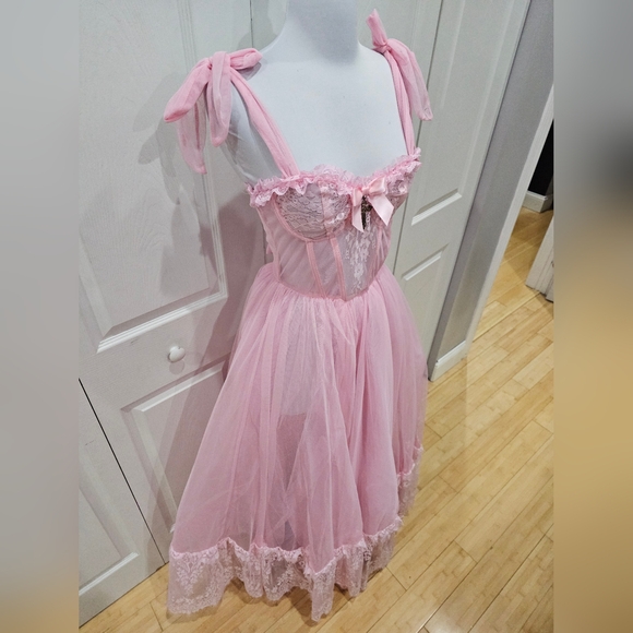 ~SOLD~Dolls Kill Widow Dance With Death Sleeveless Maxi Pink Tulle Lace Dress XS - Picture 8 of 10